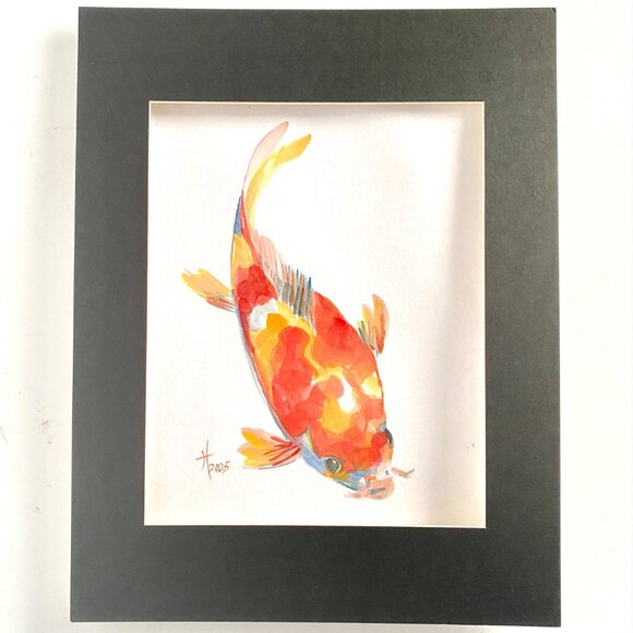 Curious Koi Original Watercolor Wall Art Painting 11x14in Matted Frame Ready - Picture 2 of 9
